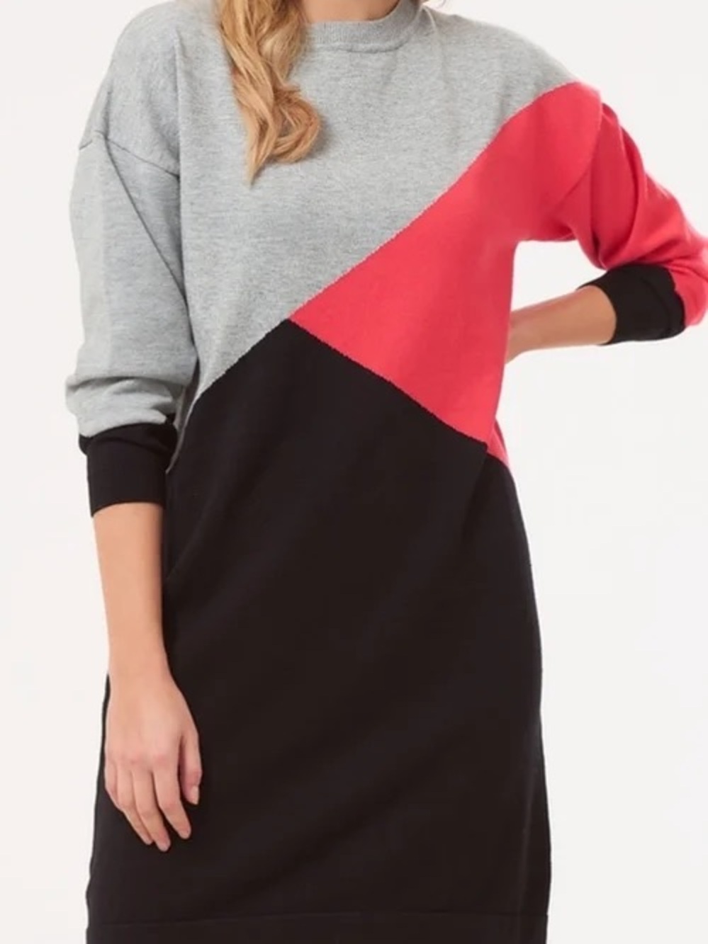 Colorblocked Long-Sleeve Crewneck Dress in Gray, Pink & Black